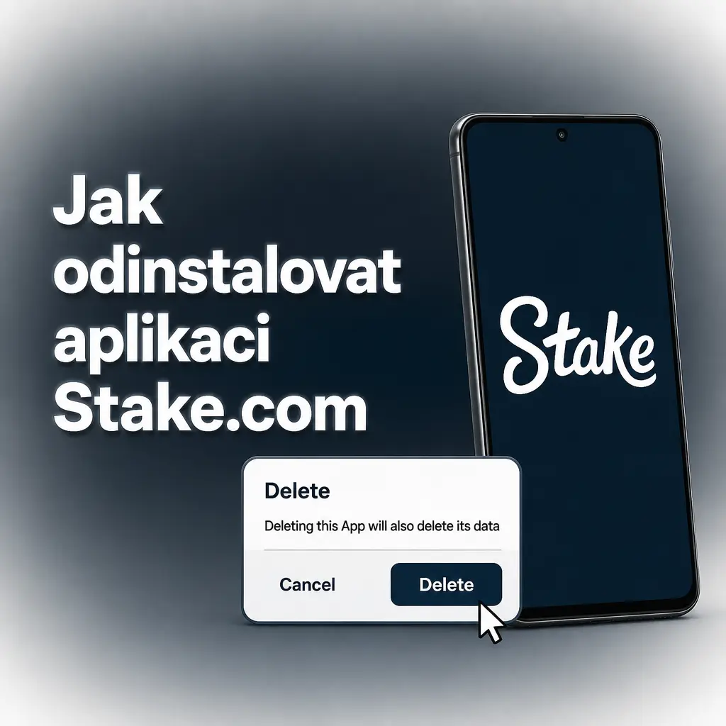 Návod na odinstalaci aplikace Stake.com z telefonu – podržení ikony a potvrzení odstranění tlačítkem OK