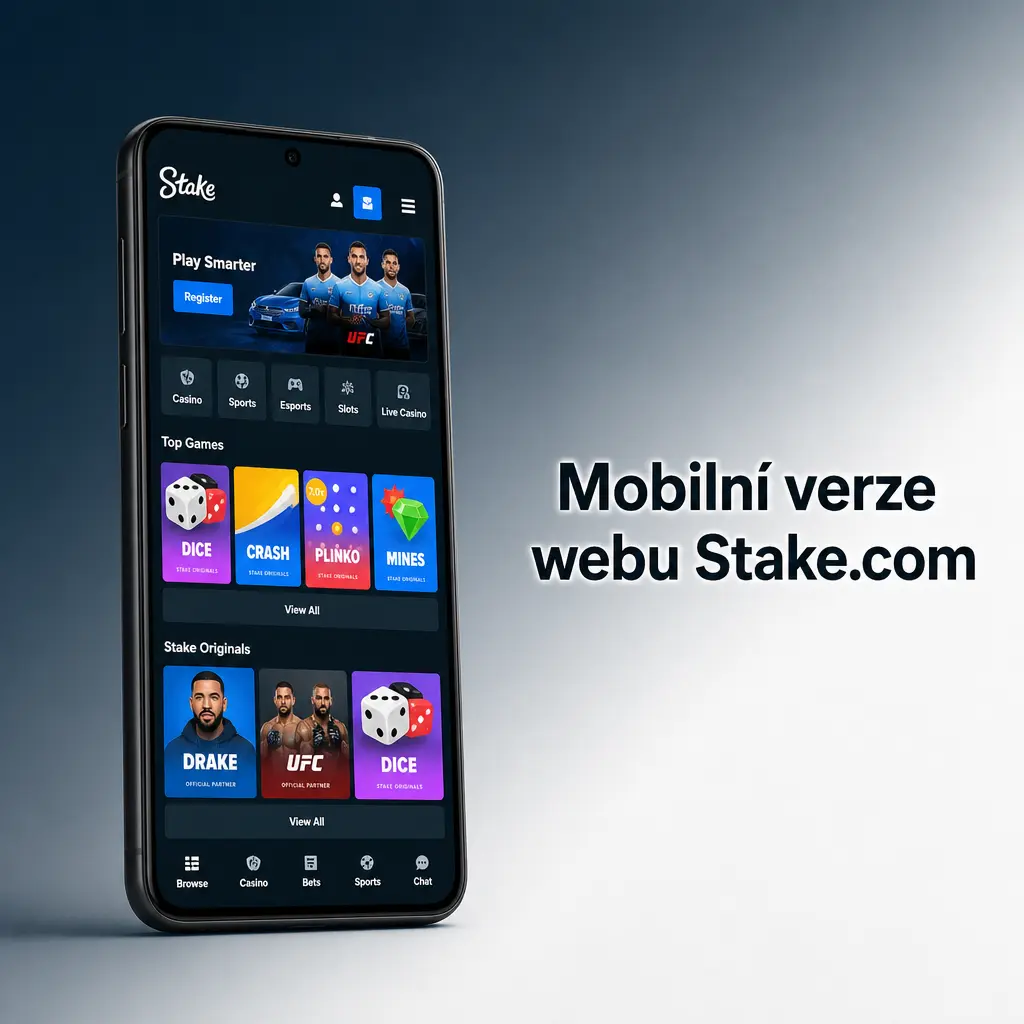 Mobilní verze webu Stake.com v prohlížeči s plnou nabídkou her a sázek bez nutnosti instalace aplikace